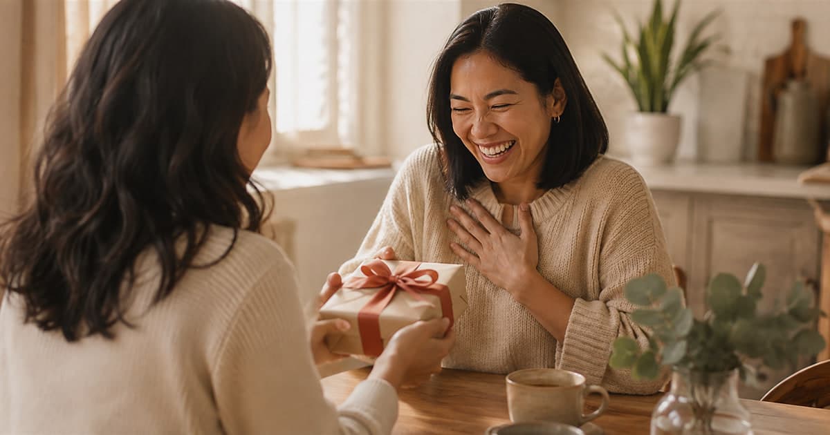 Friend receiving a thoughtful surprise gift during an ordinary coffee catch-up