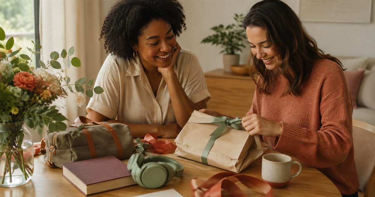 Two friends opening a thoughtful birthday gift beside a book, headphones and weekend bag