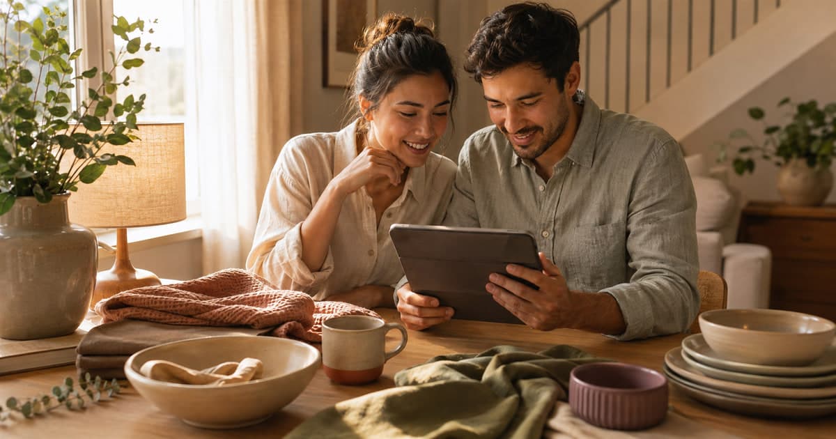 Engaged couple planning a wedding registry with useful homewares